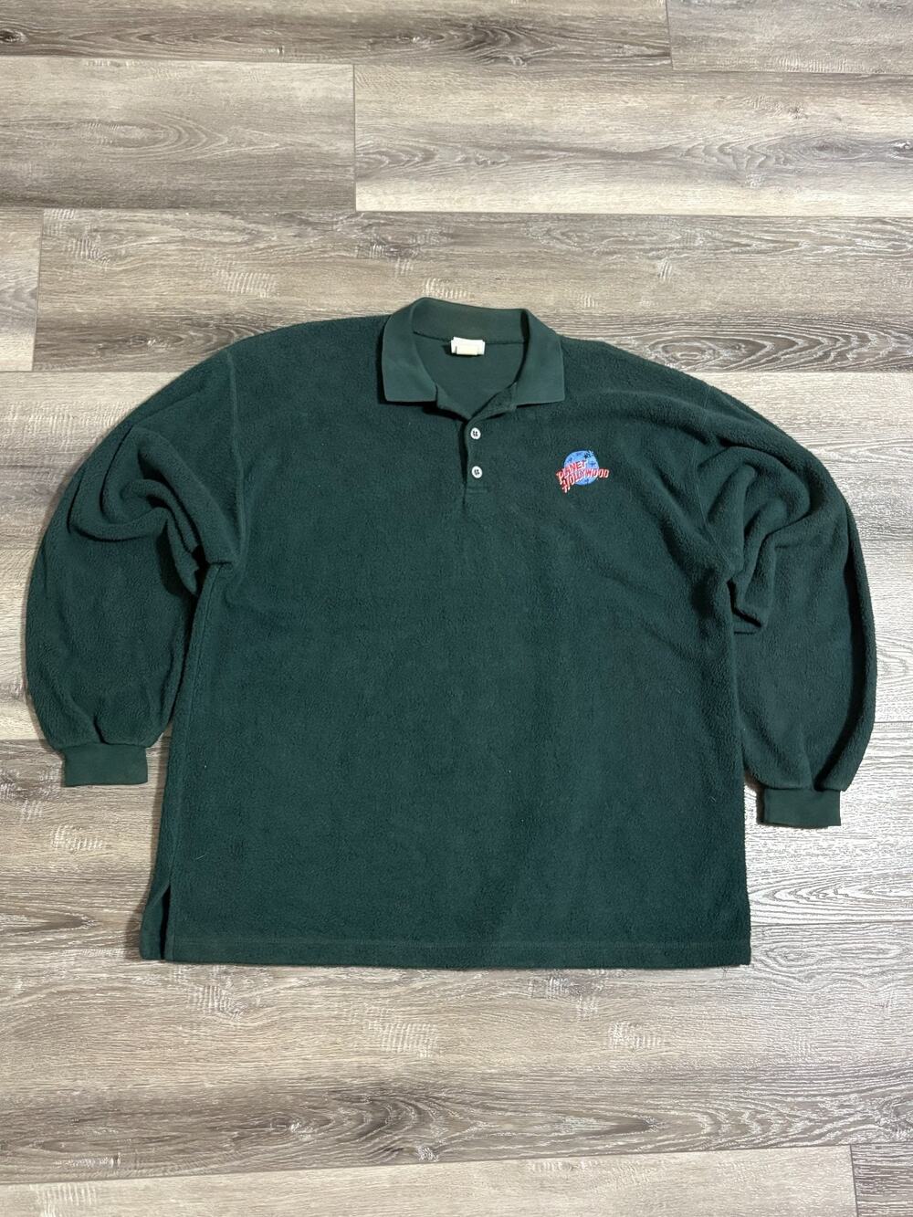 Vintage 90s Planet Hollywood Green Fleece Long Sleeve Polo Preppy Y2K - Men’s XL